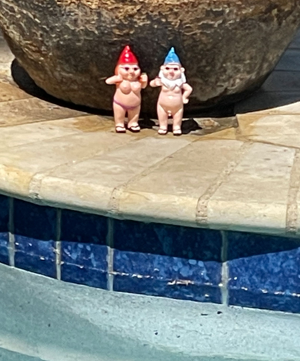 A couple nudist Gnomes getting ready to take a dip in the pool